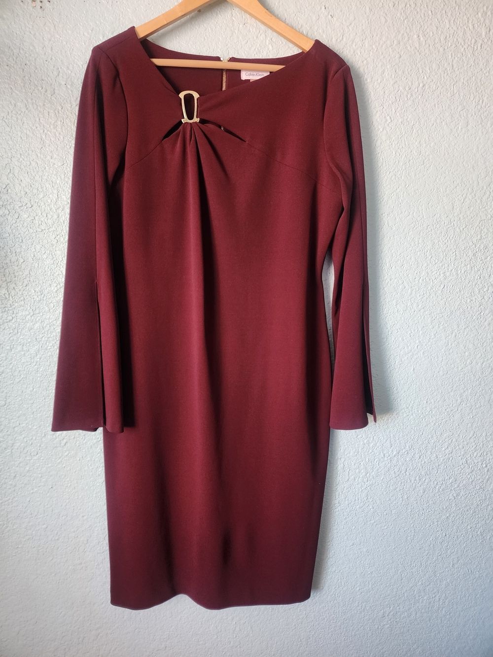 Calvin Klein Maroon Long-Sleeve Sheath Dress with Gold Buckle